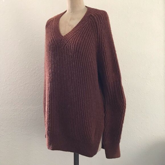 All Saints Brown Neutral Wool V Neck Chunky Knit Sweater Pullover - Picture 3 of 9